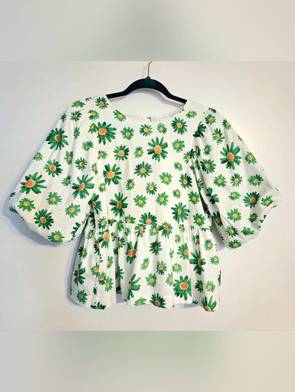 &merci Daisy Do Peplum Top Bubble Sleeves White Green Floral Size Large (G1)